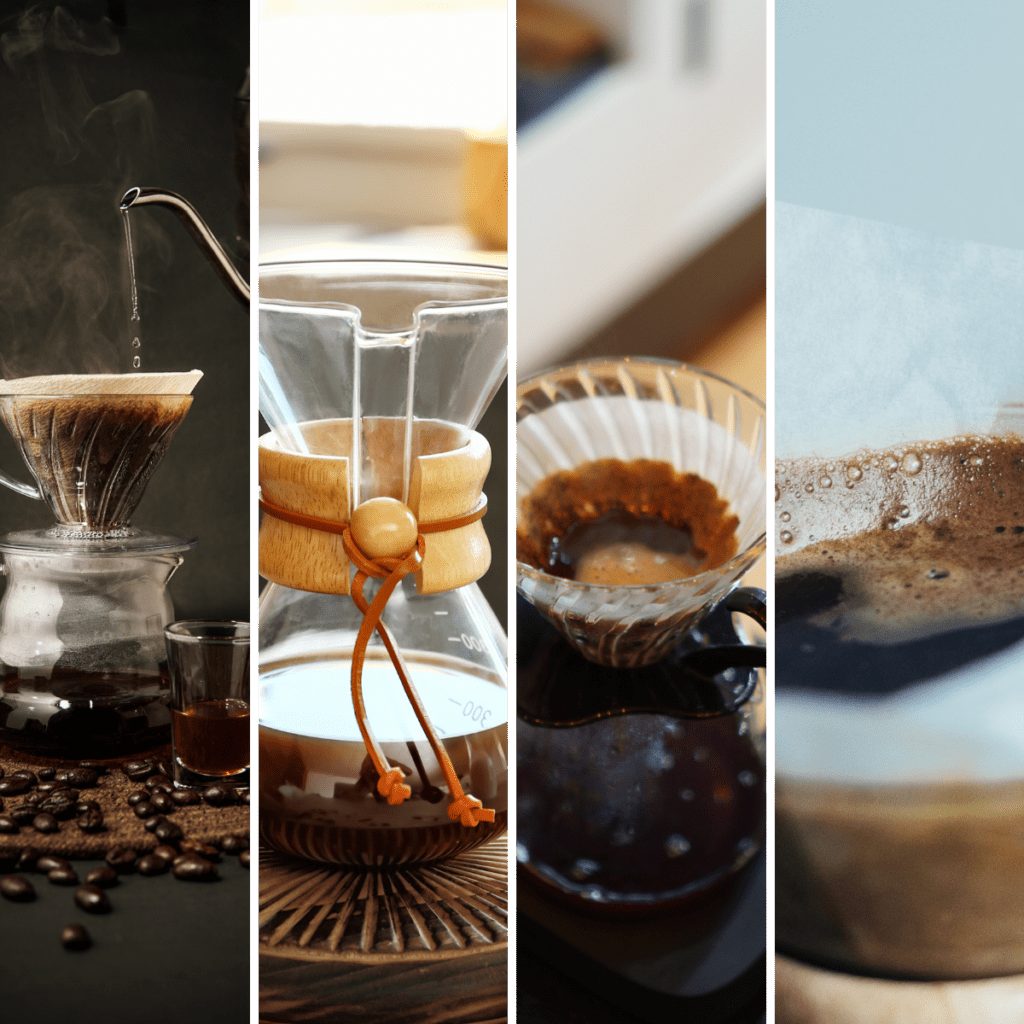 4 images of pour over coffee brewing methods. images are arranged in vertical strips